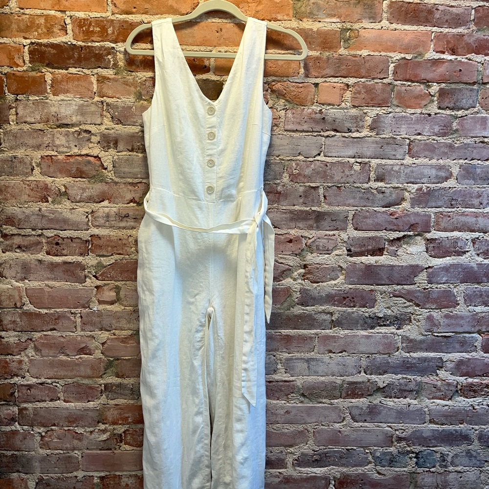 LOFT OUTLET|NEW WITH TAGS|IVORY|BUTTON|TIE WAIST|WIDE LEG|JUMPSUIT|0